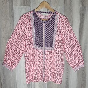 Loft NWT Boho Leaf Bib Blouse Lightweight Peasant Red White Blue Small
